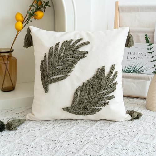 VANNCIO Linen Green Leaf Throw Pillow Cover, Tasseled Square Pillowcase