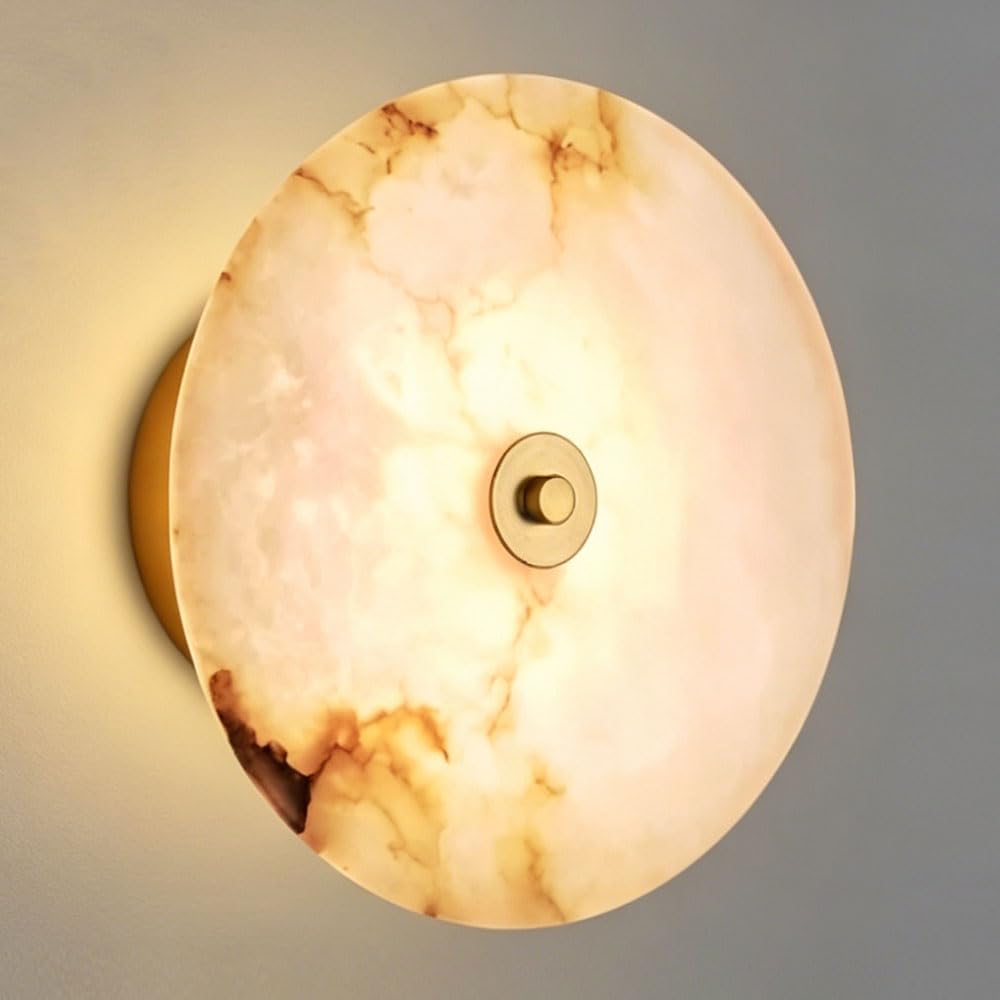KXKLGWHN Hard Wiring Connection Alabaster Wall Sconce, Nordic Minimalist Style Round Wall Light, 9.8in Natural Marble Wall Lamp, Living Room Bedroom Hallway Decorative Lighting Fixtures