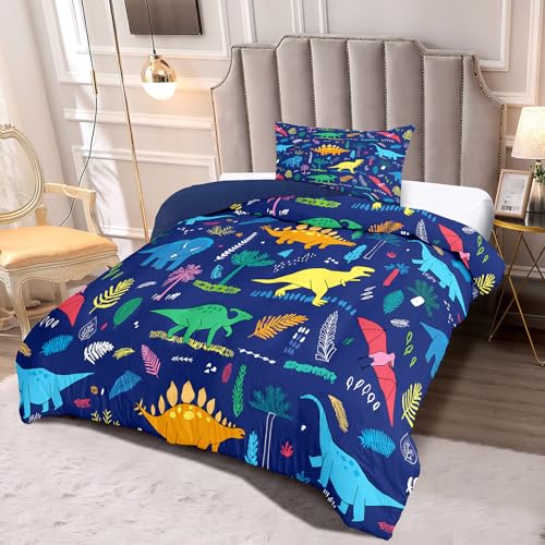 Decalsweet Dinosaur Duvet Cover Set for Boys,Dino Palm Leaf Bedding Set for Kids Children,Soft Breathable Quilt Cover with Pillowcase,Single(Blue),2 pcs - Image 2