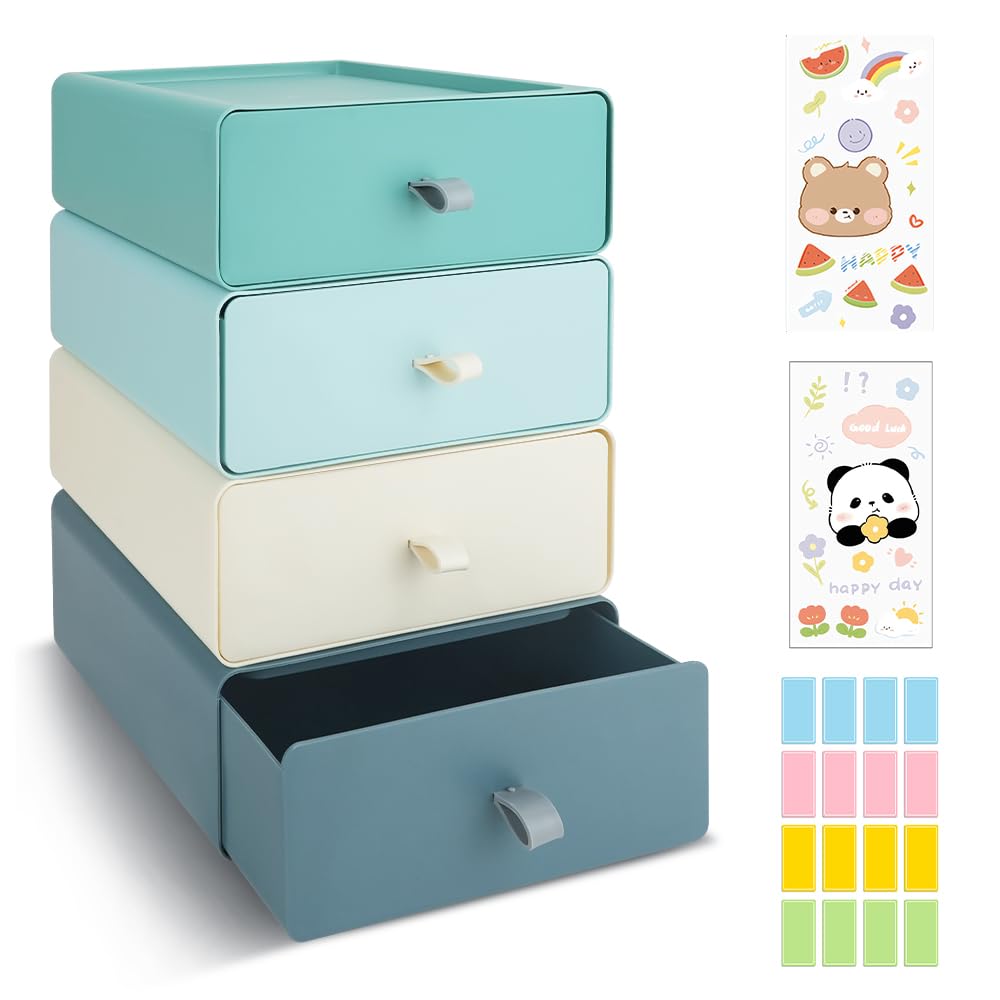 4 PCS Desktop Stackable Organiser, Plastic Storage Boxes with 4 Drawers, Desk Makeup Organizer with 3 Tabs, Small Office Storage for Stationery Makeup, Supplies Bathroom Dorm(4 Colors)
