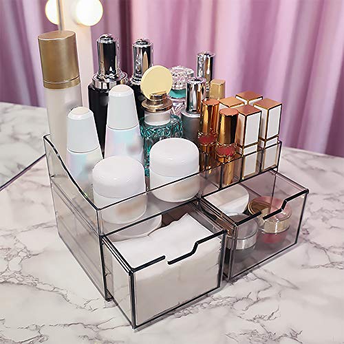 Organizador de maquillaje acrílico con cajones de almacenamiento de cosméticos con 2 elegantes ahorros de espacio para pintalabios, pinceles de esmalte de uñas, joyas, gran capacidad, transparente