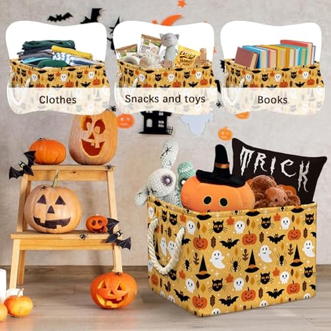 Pumpkin Halloween Basket Orange Black Ghost Boo Spooky Basket with Handles Foldable Waterproof Cute Halloween Gifts Storage Bins Boxes for Party Home Bedroom Decor (Orange, 15x10x10 Inch)