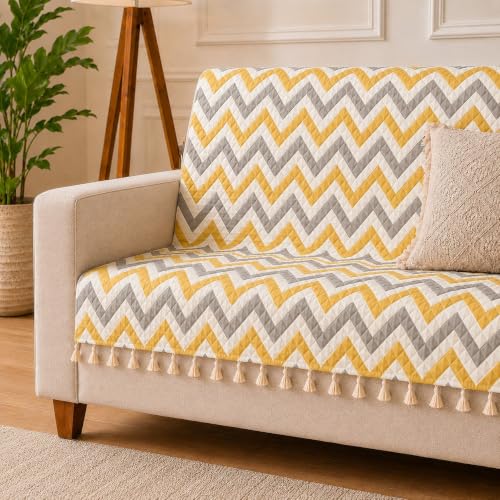 Image of Velvet Quilted Sofa Armrest Covers (Pack of 2) | Yellow Zigzag | Anti-Slip Soft Washable Arm Covers with Tassels | 24 x 27 Inches