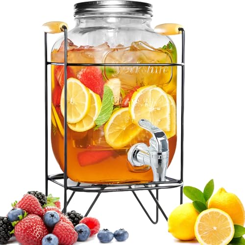 Duscdesp Dispensador de bebidas de 4 l con soporte con grifo y tapa, dispensador de agua de cristal con prensa, grifo dispensador de zumo, dispensador de limonada, frigorífico, fiestas, dispensador