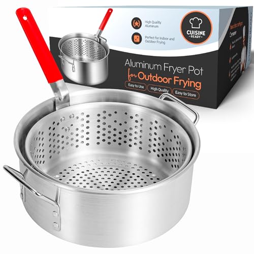 Cuisine Ready Aluminum Fish Fryer Pot with Basket | 10QT Deep Frying Pot with Handle | Outdoor Oil Fryer pan with Fry Basket | Cooking Pot | Fried Chicken, Fish, Seafood, Turkey Legs, French Fries