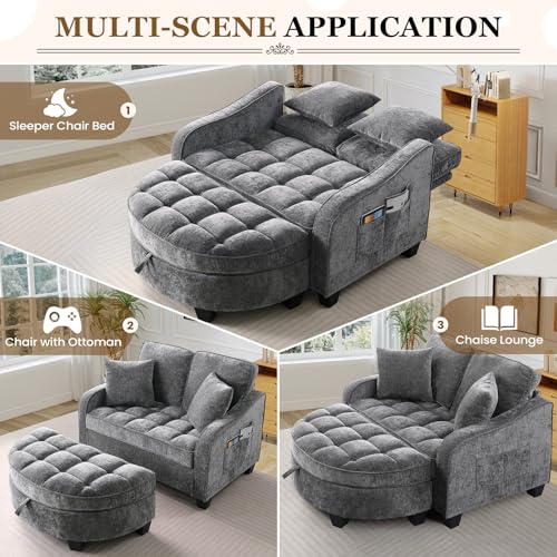 Image of Oversized Chair and A Half, Chenille Tufting Accent Comfy Reading Sofa Chair with Storage Ottoman, Upholstered Loveseat Chaise Lounge Sofa with Adjustable Back for Living Room, Office, Sunroom, Grey