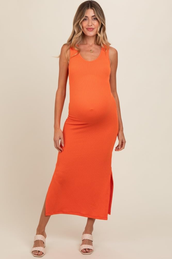 PinkBlush Ribbed Side Slit Maternity Maxi Dress