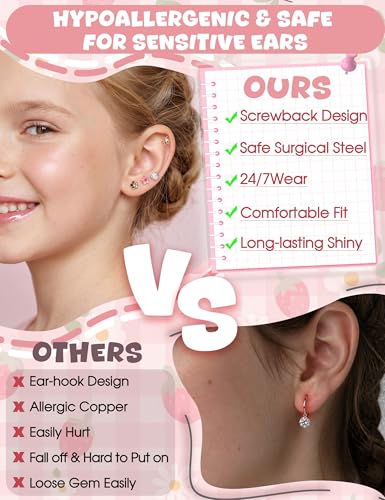 Image of CASSIECA 16 Pairs Hypoallergenic Screw Back Earrings for Women Girls 316L Stainless Steel CZ Ball Heart Flower Screwback Flat Back Stud Earrings Jewelry Gift Women Multicolored Pink