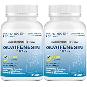 Puregen Labs Mucus Relief 12 Hour Extended Release Guaifenesin 1200mg Maximum Strength | Total 220 Tablets | Relief from Cough, Cold, Nasal & Chest Congestion | Expectorant | Extended Release Tablets