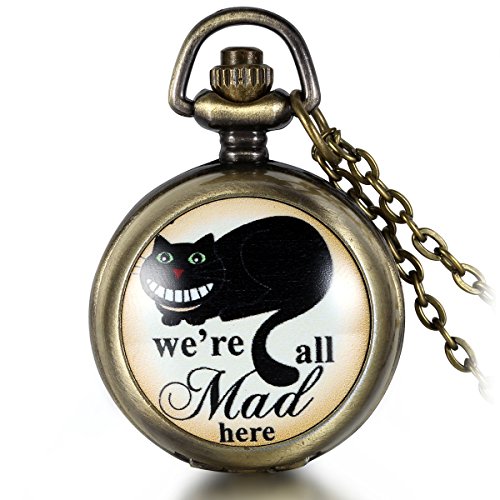 JewelryWe Herren Damen Taschenuhr, We're All mad here Schwarze grinsende Katze Uhr Anhänger Analog Quarz Kettenuhr Pullover Halskette Kette