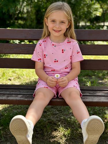 Image of KIDLAGA Girls Two Piece Sets Cherry Pattern Short Sleeve Shirts and Shorts Set With Pockets Girls Summer Outfits Size 7-14