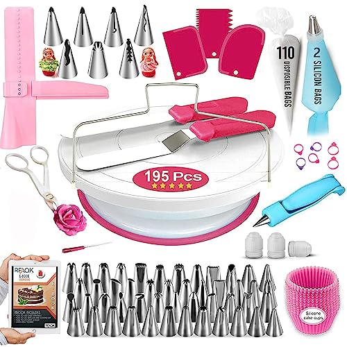 SLHOWOW Cake Decorating Kit, 195 pcs Cake Decorating Supplies with Cake Turntable for Decorating,Pastry Piping Bag,Russian Piping Tips Baking Tools, Cake Baking Supplies for Beginners