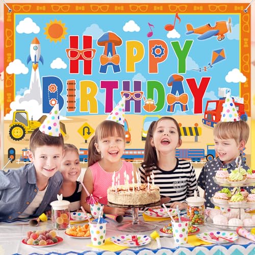 Image of Orange Blue Birthday Party Decorations Backdrop Banner 5x3Ft Vehicle Themed Happy Birthday Decorations Banner Background Photo Booth Props for English Teacher Party Supplies