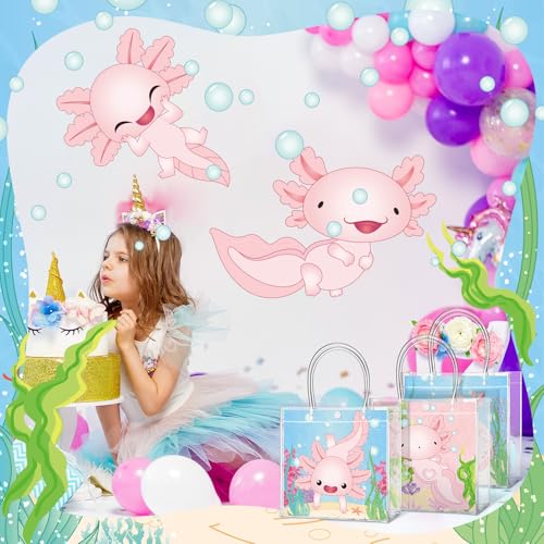 Image of Teenyyou 24 Pcs Axolotl Party Favor Bags Amphibian Clear PVC Gift Bags with Handles for Birthday Party Decorations