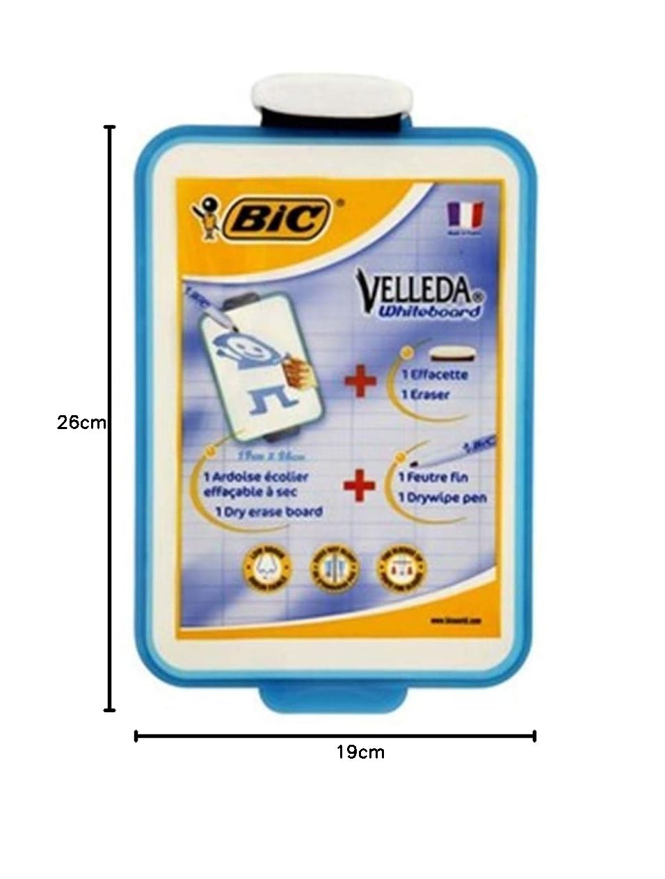BIC Velleda Pizarra Blanca Pequeña de Borrado en Seco de Doble Cara con Rotulador Azul y Borrador, 19x26cm, Óptimo para material escolar