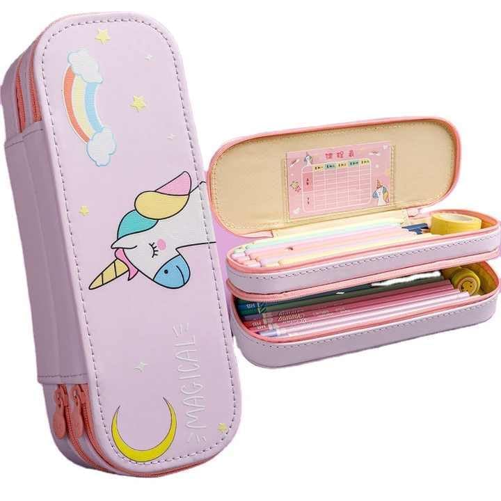 Image of PU Leather Pencil Case with Zipper, Large Capactiy Pouch Stationary Bag Storage Bag Makeup Bag for School, Office (Pink)