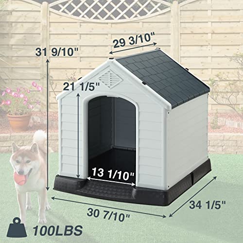 Aaculpet Plastic Outdoor Dog House For Medium Dog, Insulated Weatherproof Dog Kennel With Air Vents Elevated Floor, Durable,Easy Assemble And Clean, Gray, 32" #TOP4