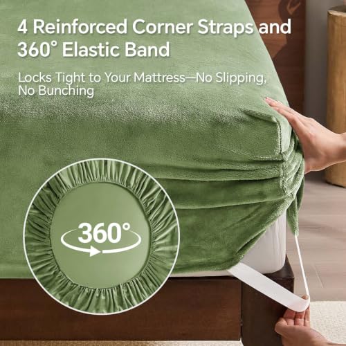 Image of BEDELITE Flannel Full Fitted Sheet & Pillowcases Set, Green, 3 Pieces | Ultra Soft Plush Fleece Bed Sheet with Elastic Corner Straps, 16 Inch Deep Pocket, Fuzzy All-Season Gift & Room Decor
