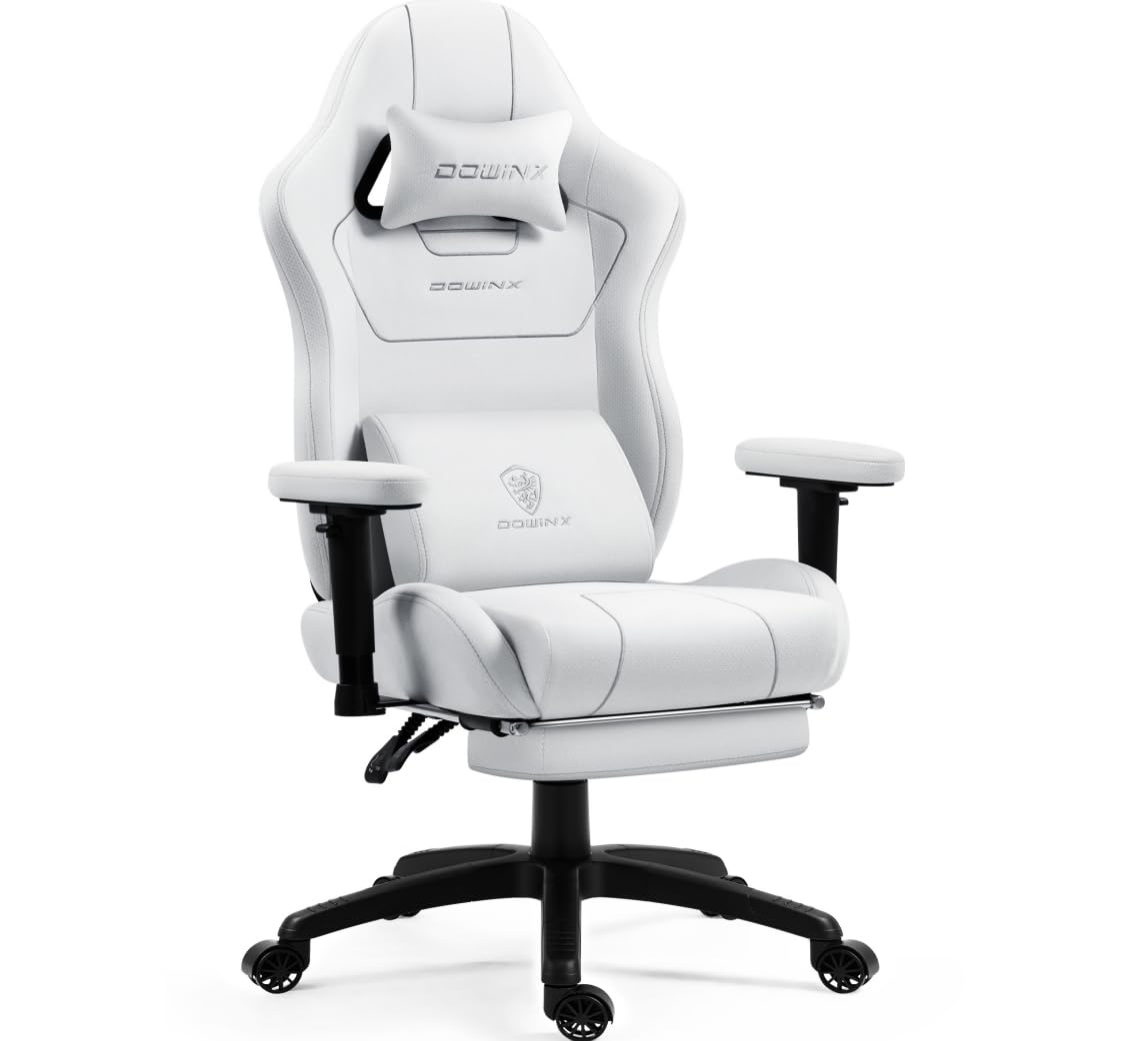 Dowinx Silla Gaming de Tela con cojín de muelles ensacados, sillón ergonómico para Gaming con función de Masaje, Silla de Oficina Grande y Alta con reposapiés XXL, Color Blanco