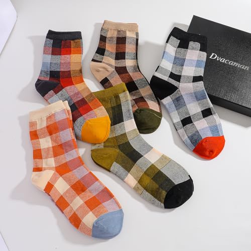5 Pairs of Plaid Mid-Calf Socks, Unisex Crew Sock in Multiple Colors, Breathable Casual Fashion Lattice Pattern Socks for Men and Women2