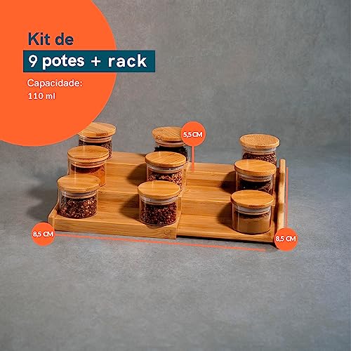 Oikos - Kit 9 Potes de Vidro 110ml com Tampa de Bambu Hermético e Rack Organizador