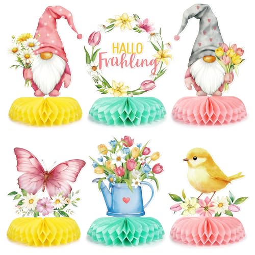 COMOOKA Tischdeko Frühling - 6er Set Tischaufsteller mit Frühlingswichtel & Blumen Motiven - Frühlingsdeko Tisch - Bienenwabe Mittelstück - Tischdeko für Frühling Ostern Deko uvm.