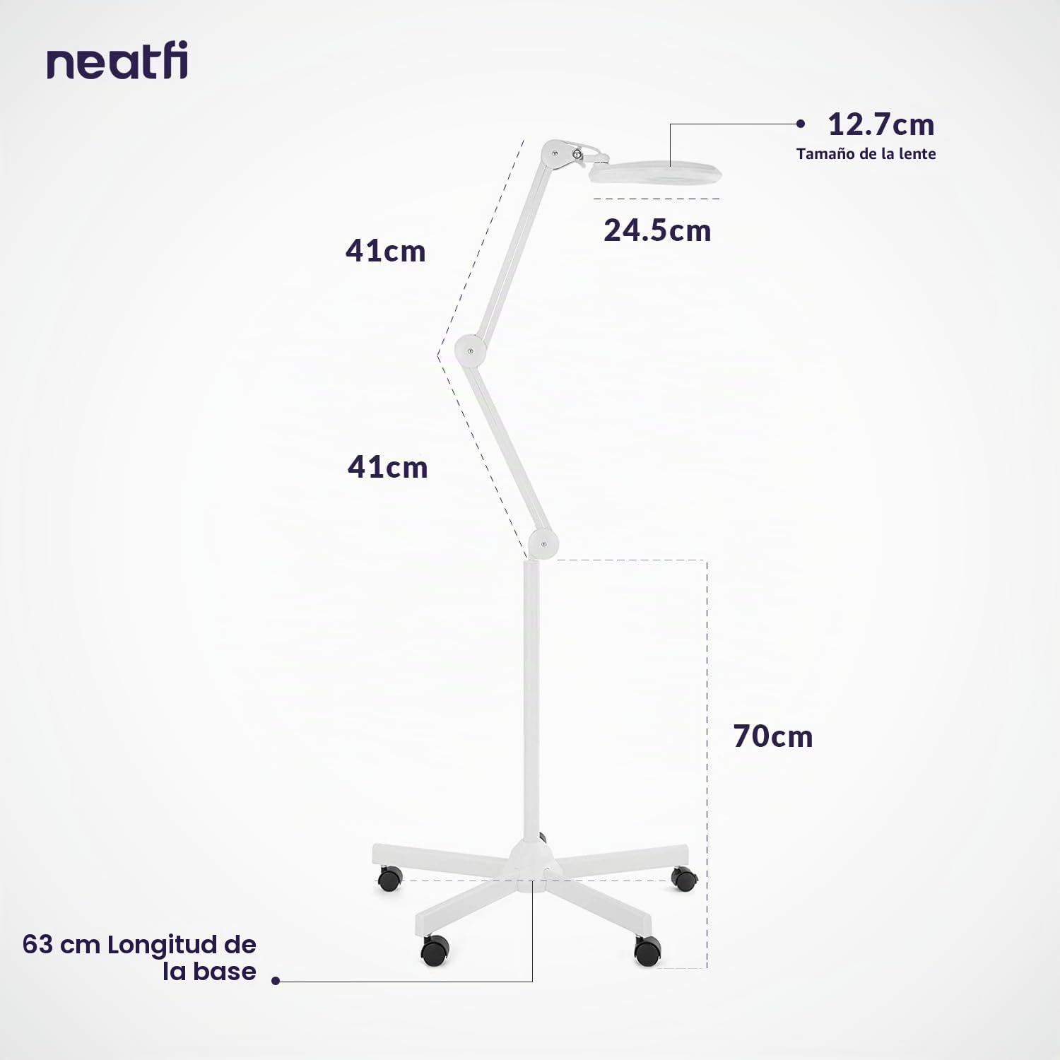 Neatfi LED Lámpara de Pie de Aumento –1,200 Lúmenes, Lente Bifocal de 13 cm con 5 y 20 Dioptrías, Regulable, Base con Ruedas, Lámpara de Piso para Lectura, Costura y Manualidades (Blanco)