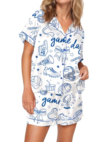 Image of SHESHOW Pajamas for Women Set Satin Button Down Short Sleeve Top and Shorts Pjs Sets Sport Ball Print Sleepwear XS-XXL