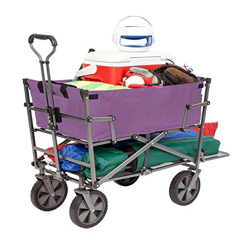 Image of MacSports Double Decker Heavy Duty Steel Frame Collapsible Outdoor Utility Garden Cart Wagon with Lower Storage Shelf and 150 Pound Capacity, Purple