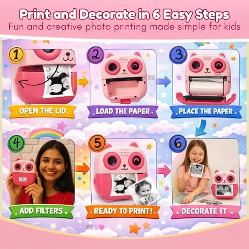 Image of TOYTONIC Instant Photo Camera for Kids with Print - Thermal Printer Toy with Non-Sticky Paper Rolls (1 in-Built + 1 Extra), 1080p Video, Games, Rechargeable - Gift to Boys & Girls Ages 6-12(Assorted)