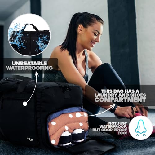 Bago Large Foldable Duffel Bags for Traveling Women & Men - 80L Packable Duffle Bag for Travel with Shoe Compartment - Water Repellant, Heavy Duty, Lightweight Folding & Collapsible (All Black)4