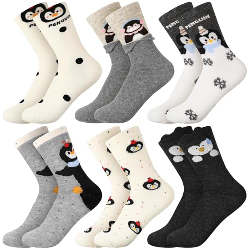 Mepase 6 Pairs Cute Funny Animal Socks for Women Novelty Cat Dog Penguins Socks Comfortable Soft Warm for Girls Boys(Penguin)