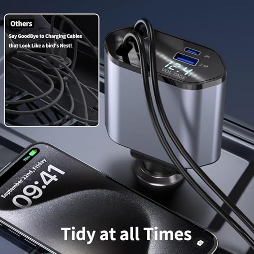 Image of 120W Fast Car Charger with Retractable Type-C Cable (80cm), 4-in-1 PD QC Car Adapter, Dual USB & Type-C Ports, 180 Rotatable with LED Voltage Display for All Smartphones & Tablets