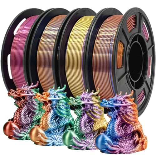 Image of Silk PLA+ 3D Printer Filament Bundle, 3-in-1 Coextruded Shiny Tricolor Filament 1.75mm, Shiny Multi Color Change, Smooth Multicolor PLA+ Filament for Most 3D Printers - 4 Spools 250g Each
