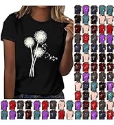 Damen Oberteile Sommer Tshirt Kurzarm Löwenzahn mit Rundhalsausschnitt Bunte Pusteblume Drucken T...