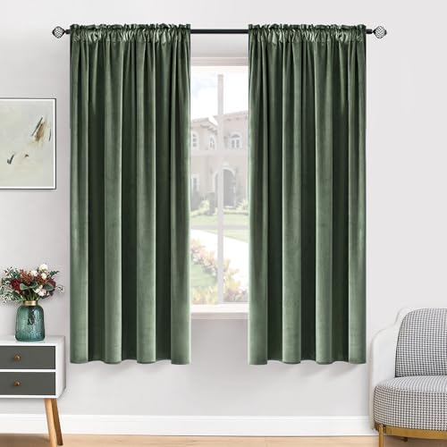 Image of MIULEE Sage Green Blackout Velvet Curtains Drapes 63 Inch Long 52 inchx63 inch | Luxurious Bedroom Living Room Decor, Room Darkening, Thermal Insulated, Rod Pocket Design, Super Soft Fabric