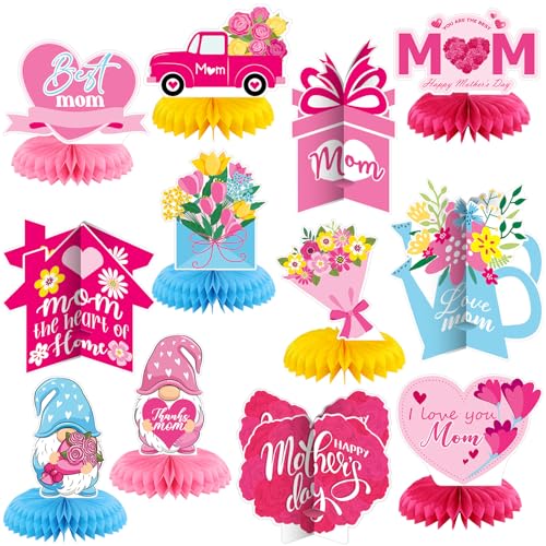 Image of 12 Pcs Mother's Day Decorations Honeycomb Centerpieces 3D Mothers Day Table Centerpiece Flower Heart Honeycomb Table Decorations for Mom Home Office Birthday Supplies Decor