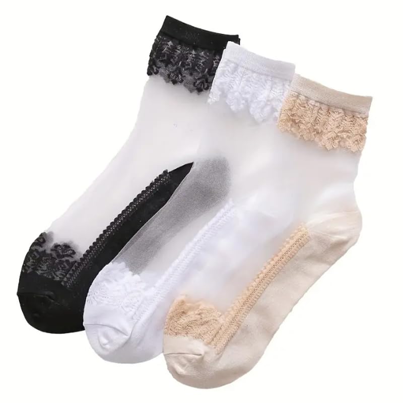 3 Pairs Thin Lace Mesh Socks, Breathable And Charming Crew Socks