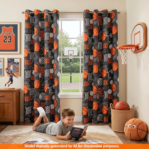 Image of MYSKY HOME Blackout Curtains 63 Inch Length for Teen Boys Kids Room Decor 95% Light Blocking Thermal Insulated Grommet Drapes with Basketball Printed, 2 Panels, 52 inch Wide Each Panel, Black and Orange