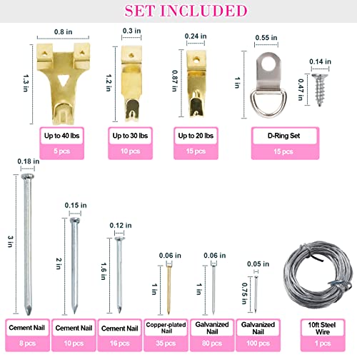 Image of Picture Hanging Kit, 315pcs Hanging Hardware with Hooks, Wire, Nails, D Ring, Wall Hanging Kit with Hangers, Magnetic Level and Small Pink Claw Hammer, nails for hanging pictures for Home Decor