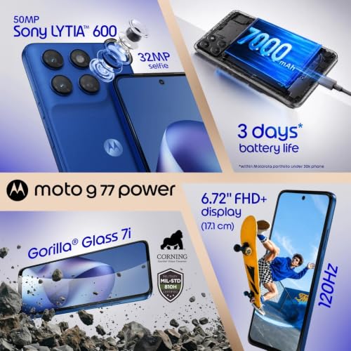 Image of Motorola G77 Power (Pantone Nautical Blue, 8GB RAM, 128GB Storage) | MediaTek Dimensity 6400 Octa-Core Processor | 50MP + 8MP AI Dual Rear Camera | 32MP Front Camera | 6.72-inch FHD+ 120Hz Display | | MediaTek Dimensity 6400 Octa-Core Processor, 50MP + 8MP AI Dual Rear Camera, 32MP Front Camera, 6.72-inch FHD+ 120Hz Display
