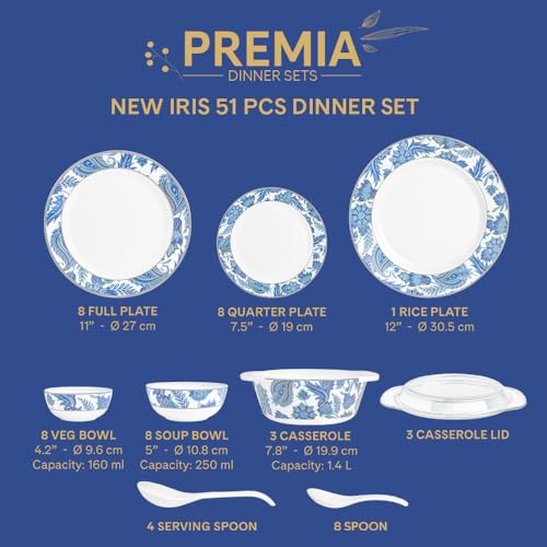 Image of Larah by Borosil 51pc Opalware New Iris Dinner Set for Family of 8 | Microwave & Dishwasher Safe Crockery Set for Dining & Gifting | Plates & Bowls