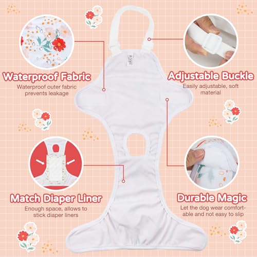 MICOOYO Hundewindel, Einteiler, Sanitärhöschen, Wiederverwendbare Hundewindeln für Hunde Welpen, waschbare Hundehose mit verstellbarem Hosenträger, Blumen, M