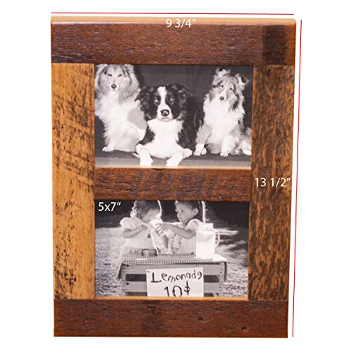 Image of Rustic Wooden Collage Picture Frame, Wood Multi Photo Holder for Wall, Horizontal and Vertical Display, Reclaimed Barnwood, 2 Openings each 5x7
