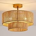 BFFGKGL Japanese Retro Style Hand-Woven Rattan Kitchen Island Semi Flush Mount Ceiling Light Farmhouse Boho Bamboo Ceiling Lamp Modern Nordic 2-Tier Drum Wicker Hallway Pendant Light for Aisle Stairs