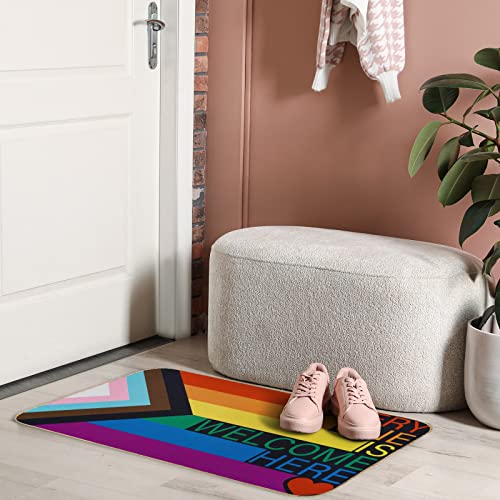 Anydesign Rainbow Pride Day Door Mat Everyone Is Welcome Here Front Door Mat With Anti-Slip Rubber Back Rainbow Felt Floor Mat For Lgbt Indoor Outdoor Kitchen Home Decor, 17 X 29 Inch #TOP4