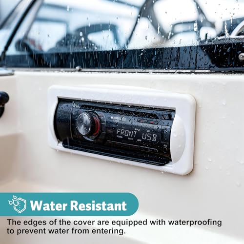 Image of Herdio Water-Resistant Marine Stereo Cover - Heavy-Duty Smoke-Colored Boat Radio Protector with Flip-Up Door, Spring-Activated Release, and Included Mounting Gasket（White）
