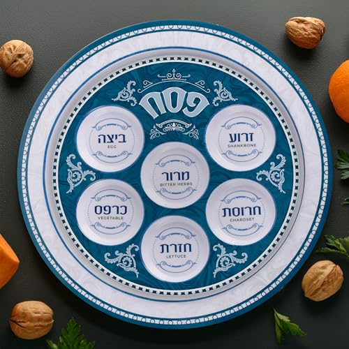 Ner Mitzvah Melamine 12" Passover Seder Plate - Blue and White Marble Design