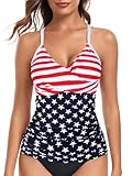 RELELCIGA Women’s Tankini Top V Neck Ruched Tummy Control Bathing Suit Top(American Flag,M)