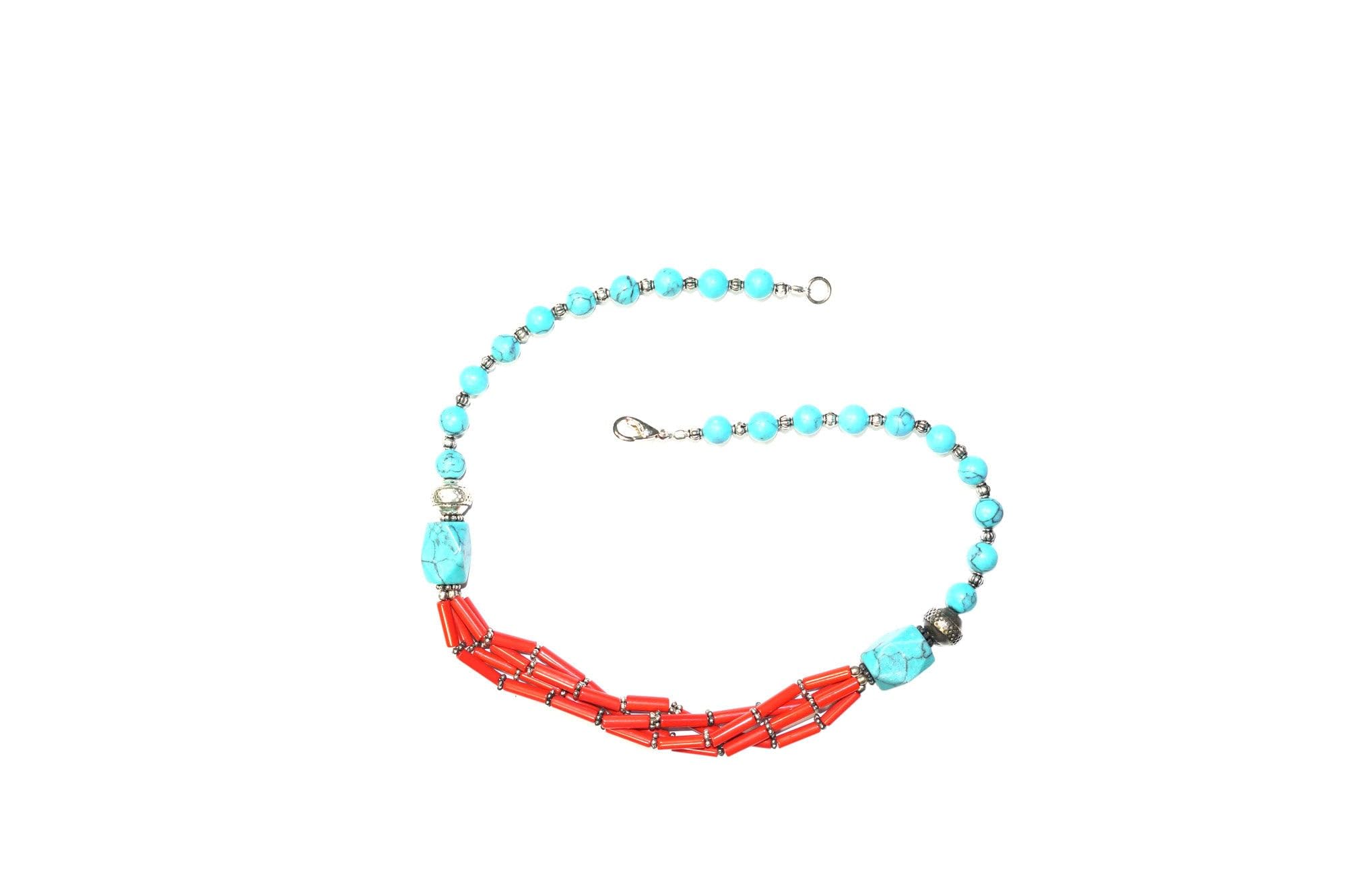 Mogul InteriorBoho Jewelry Turquoise Coral Beads Pendent Necklace - Handmade